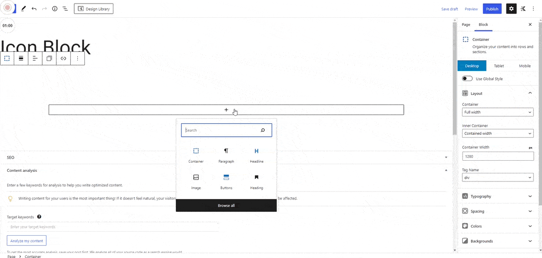 A GIF demonstrating changing a headline block to an icon-only