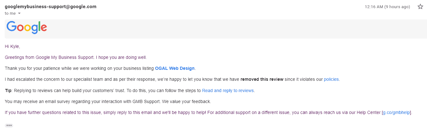 Email screenshot of removal confirmation