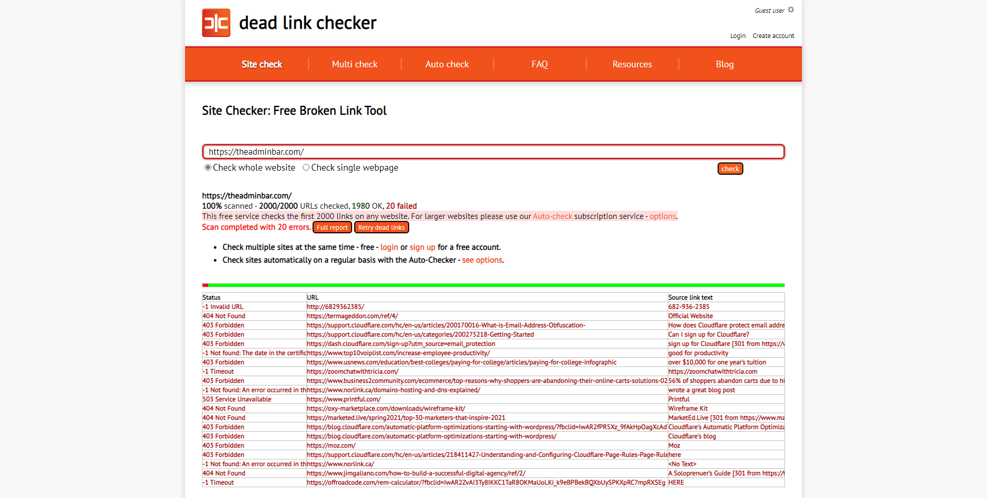 A screenshot of the dead link checker test results.