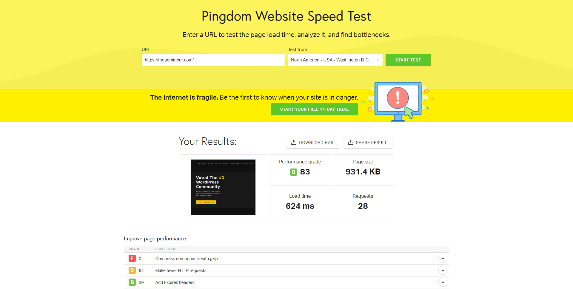 A screenshot of the results of the Pingdom test.