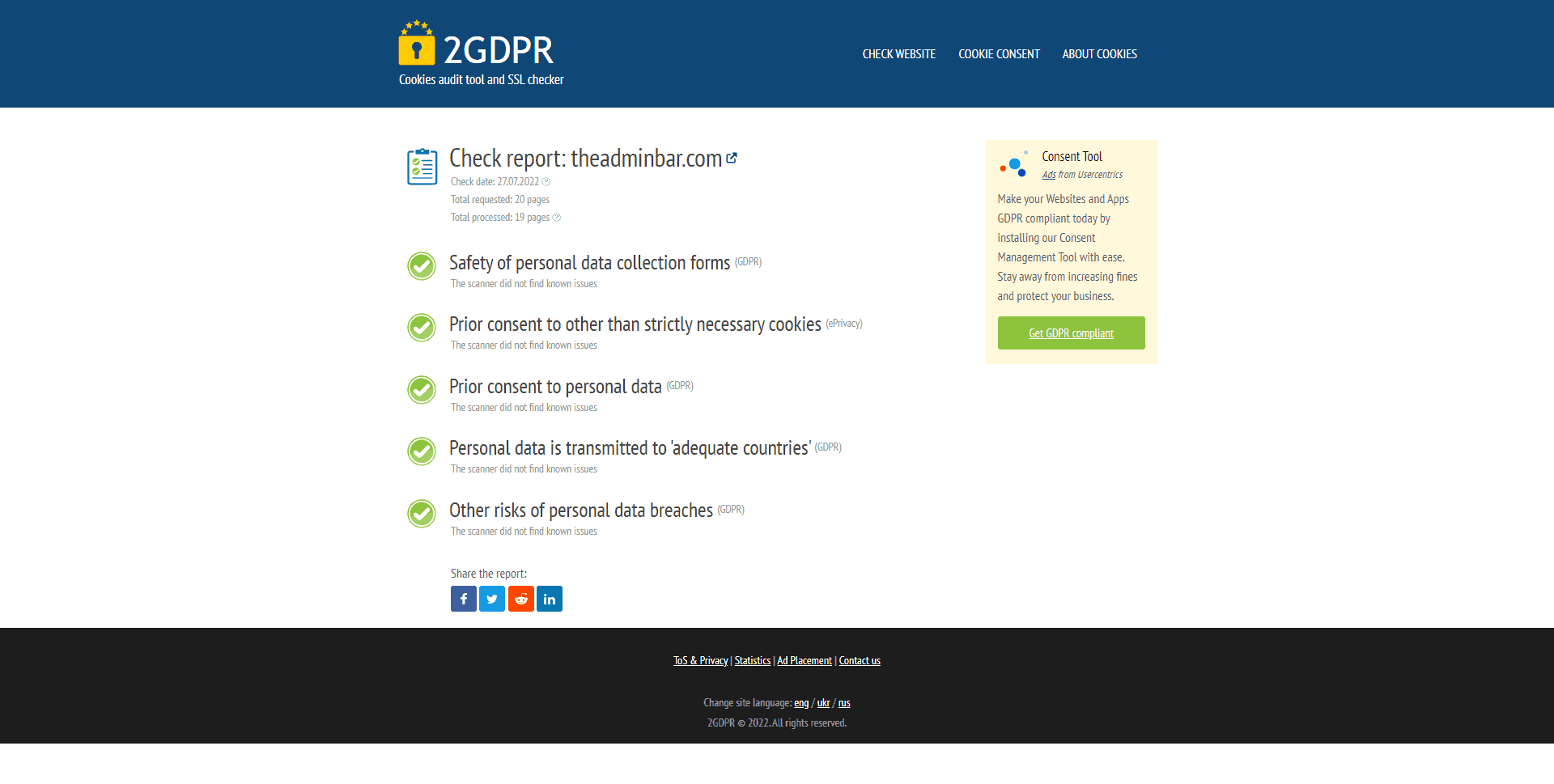 A screenshot of the results page using 2GDPR 