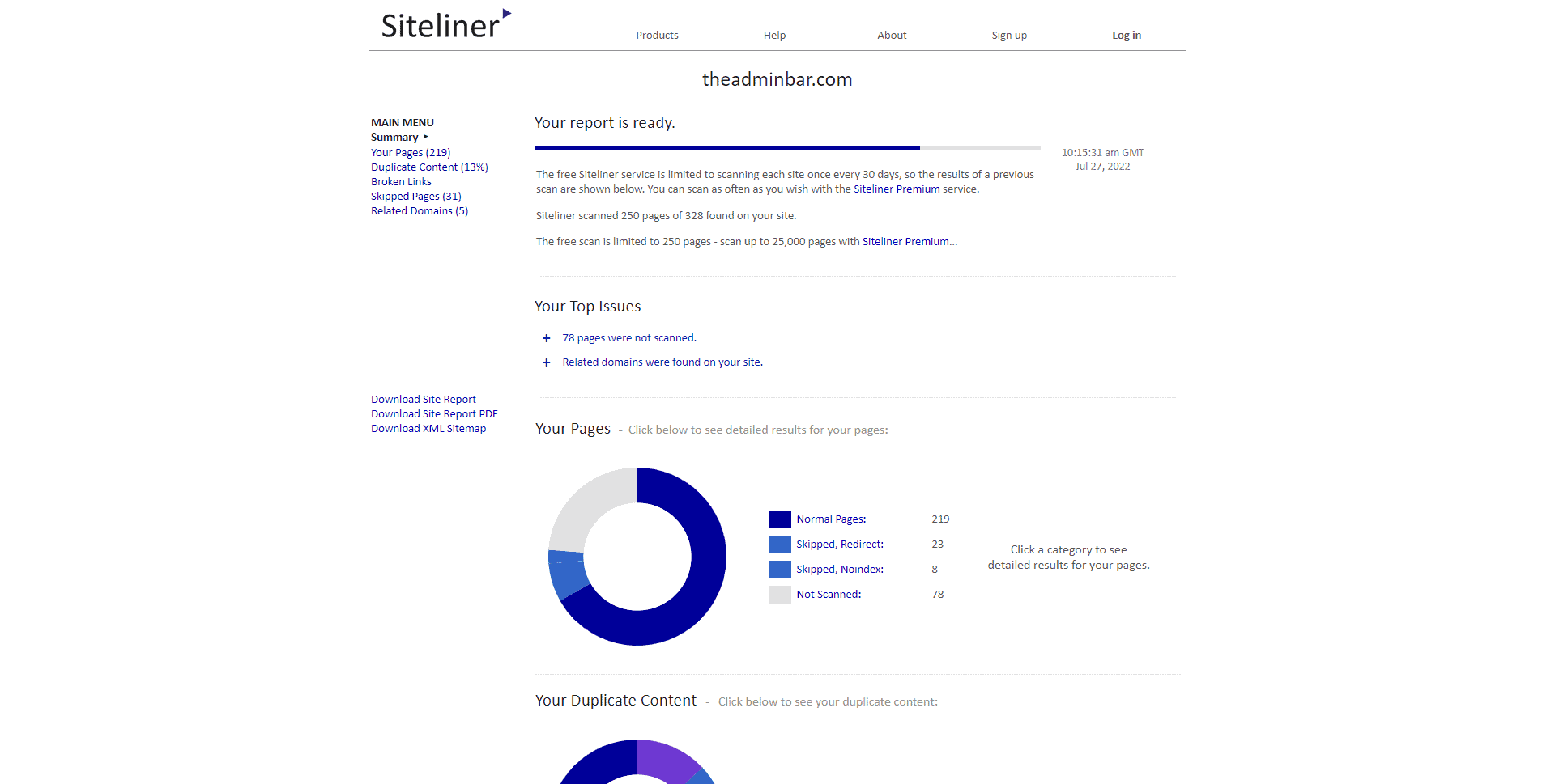 A screenshot of the siteliner test results