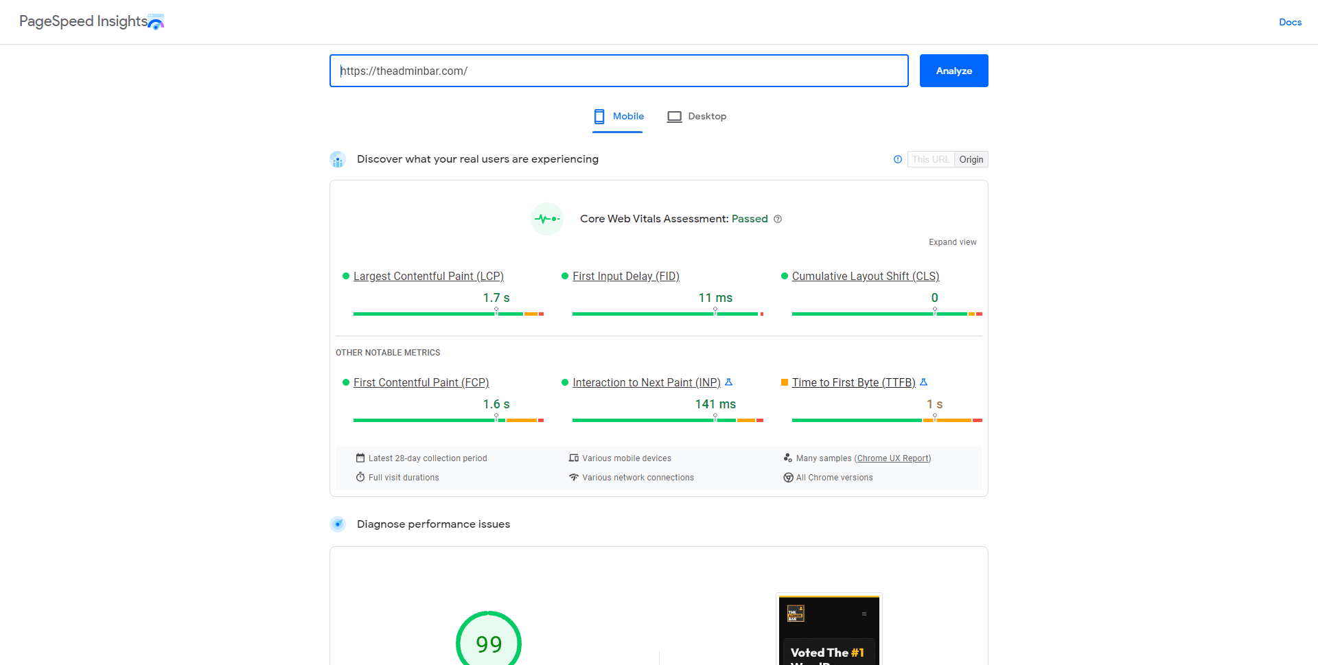 A screenshot of the results of the PageSpeed Insights test