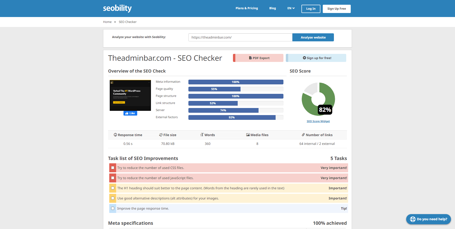 A screenshot of the SEObility test results