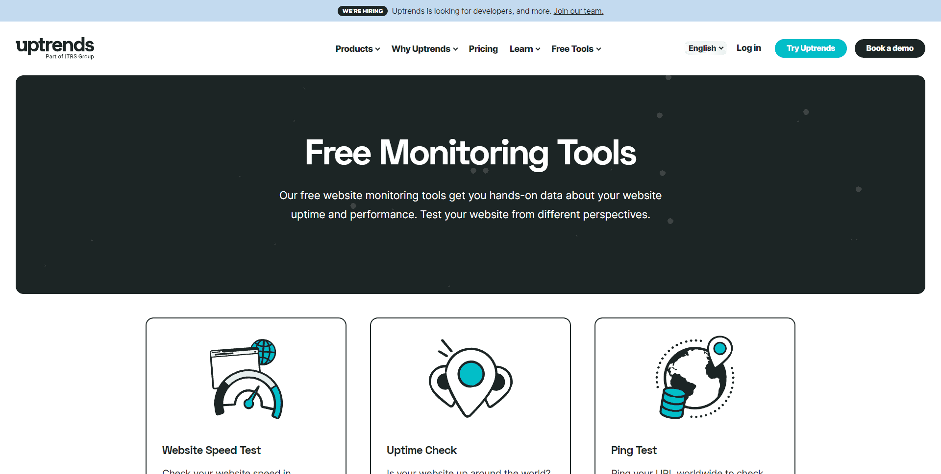 A screenshot of the Uptrends tools page.