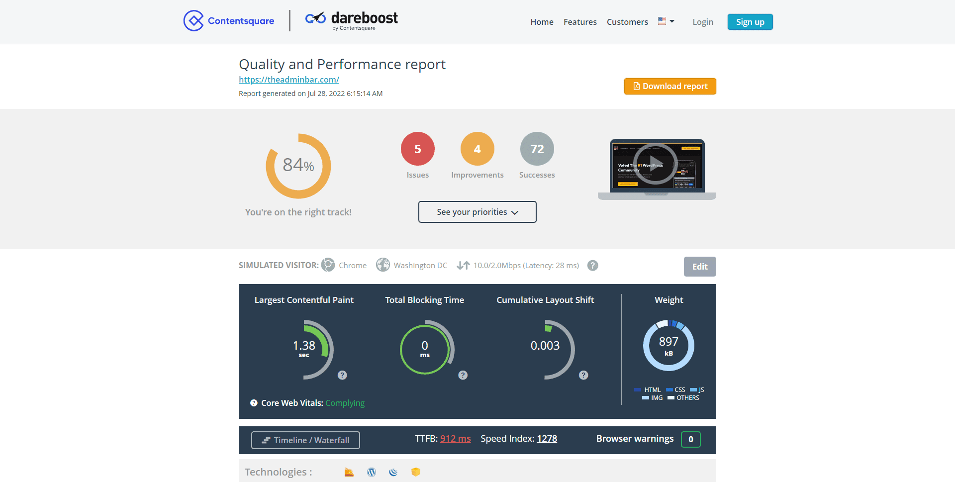 A screenshot of the Dareboost test results.