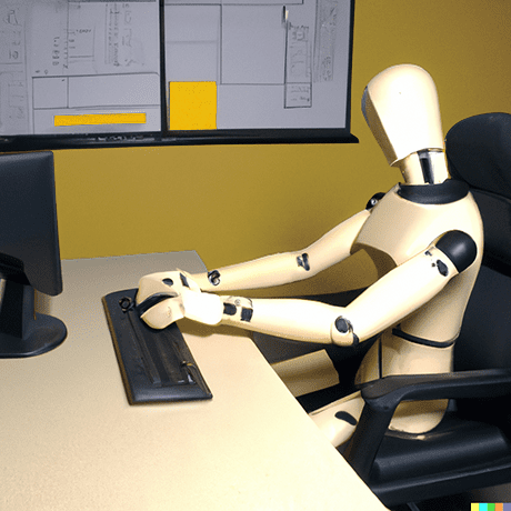 A crash test dummy sitting at a computer with his hands on the keyboard