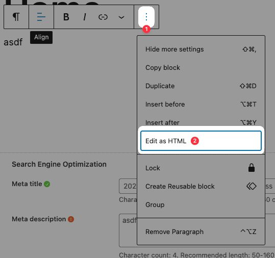 A screenshot of the Edit as HTML menu item