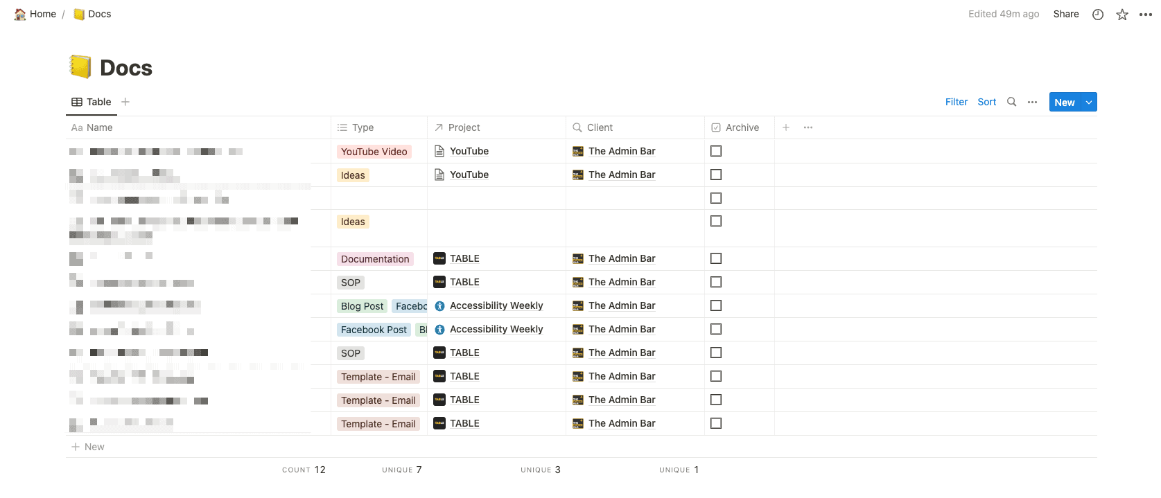 A screenshot of how my docs are organized in Notion