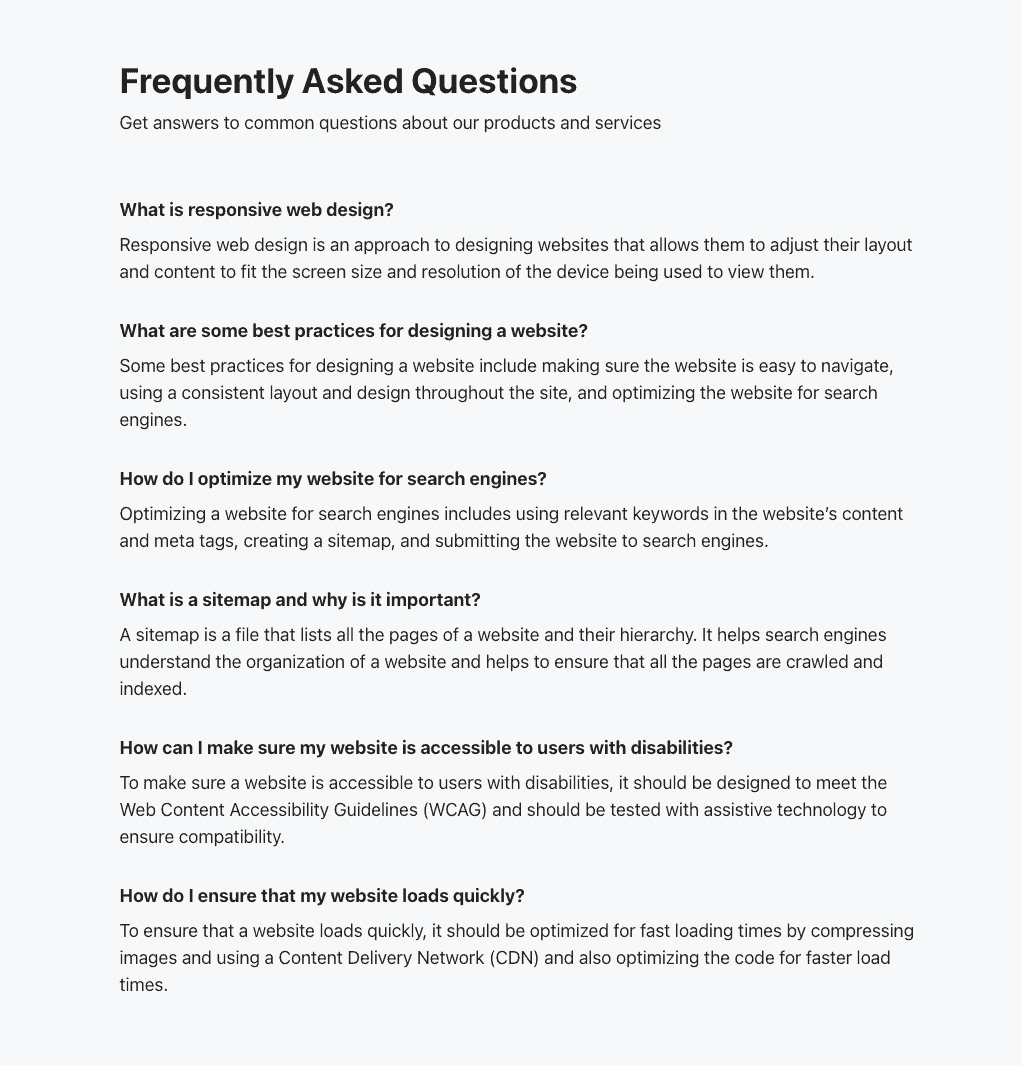 A screenshot of the FAQ page as plain text.