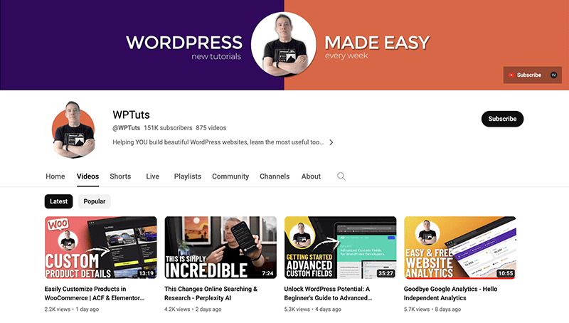 A screenshot of Paul's YouTube channel page.