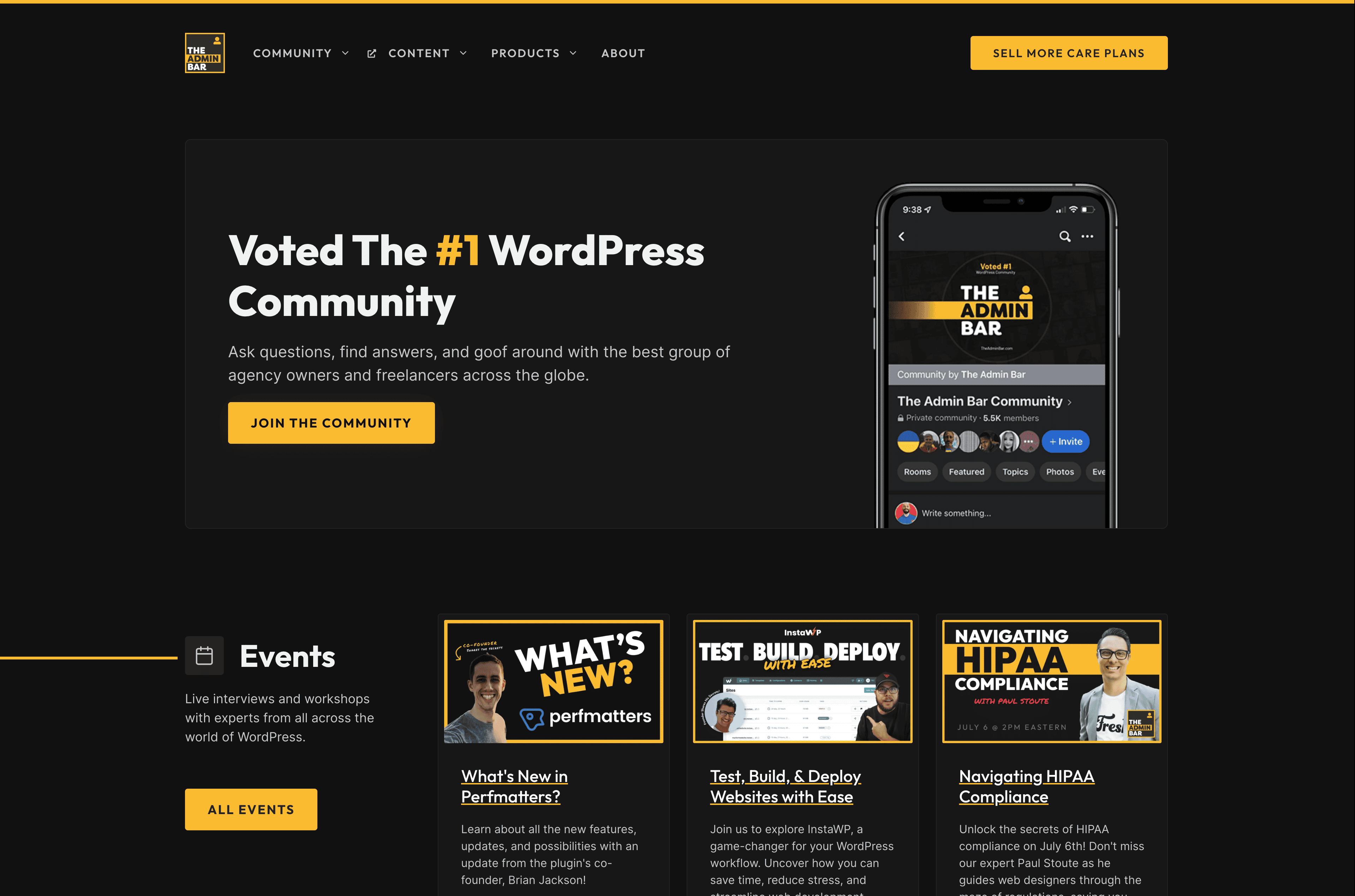 The Admin Bar home page showcasing yellow buttons with black text.
