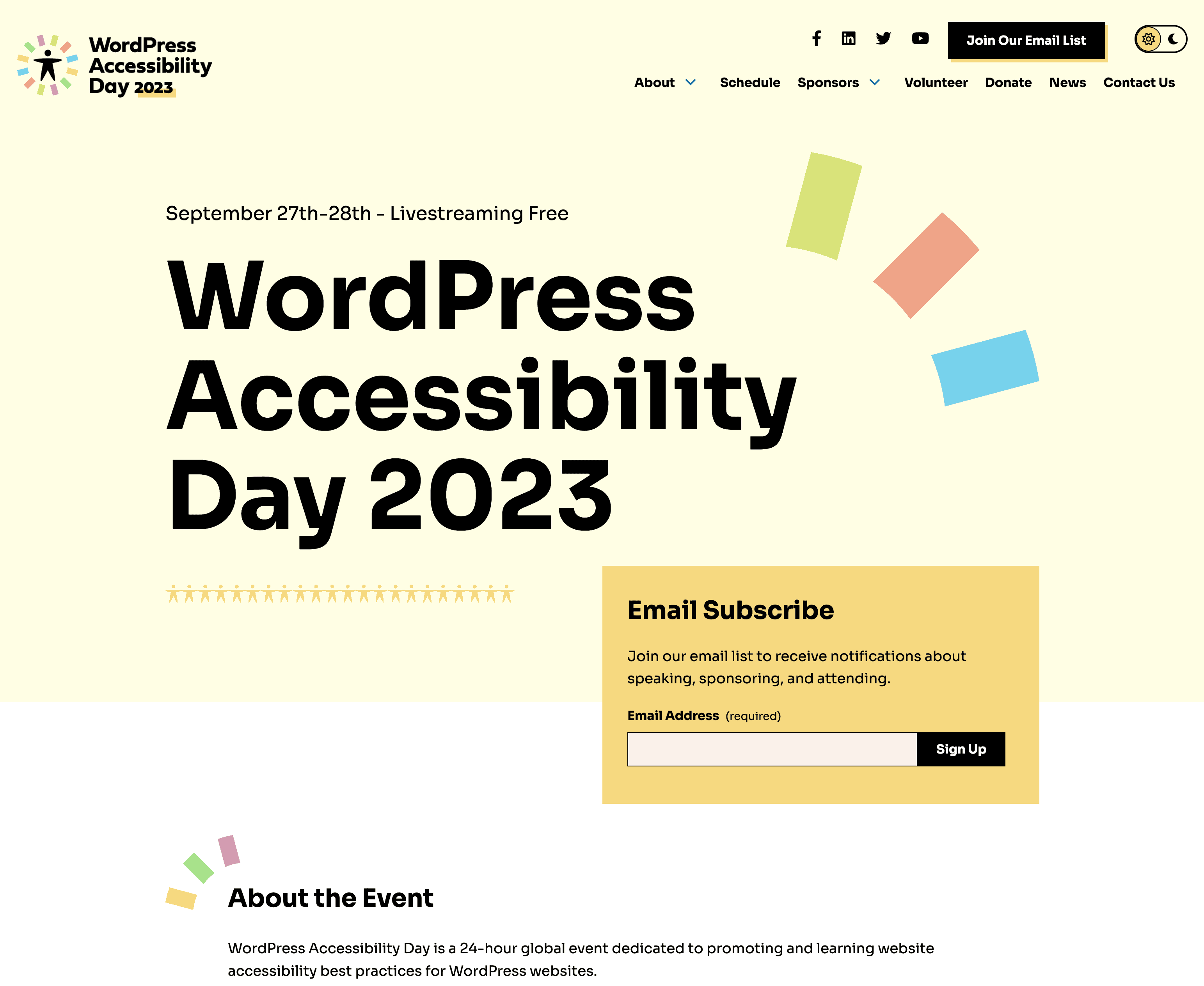 The WordPress Accessibility Day 2023 home page showing very light yellow, green, pink, and blue design accents and black text.