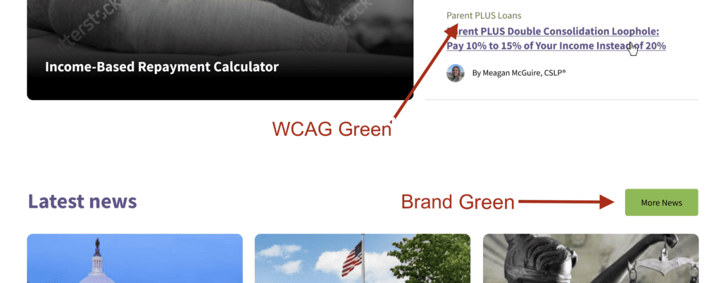 Clip of web design showing use of two different greens - one on white and one with black.