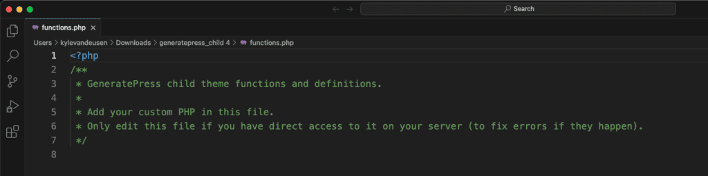 A screenshot of the functions.php file