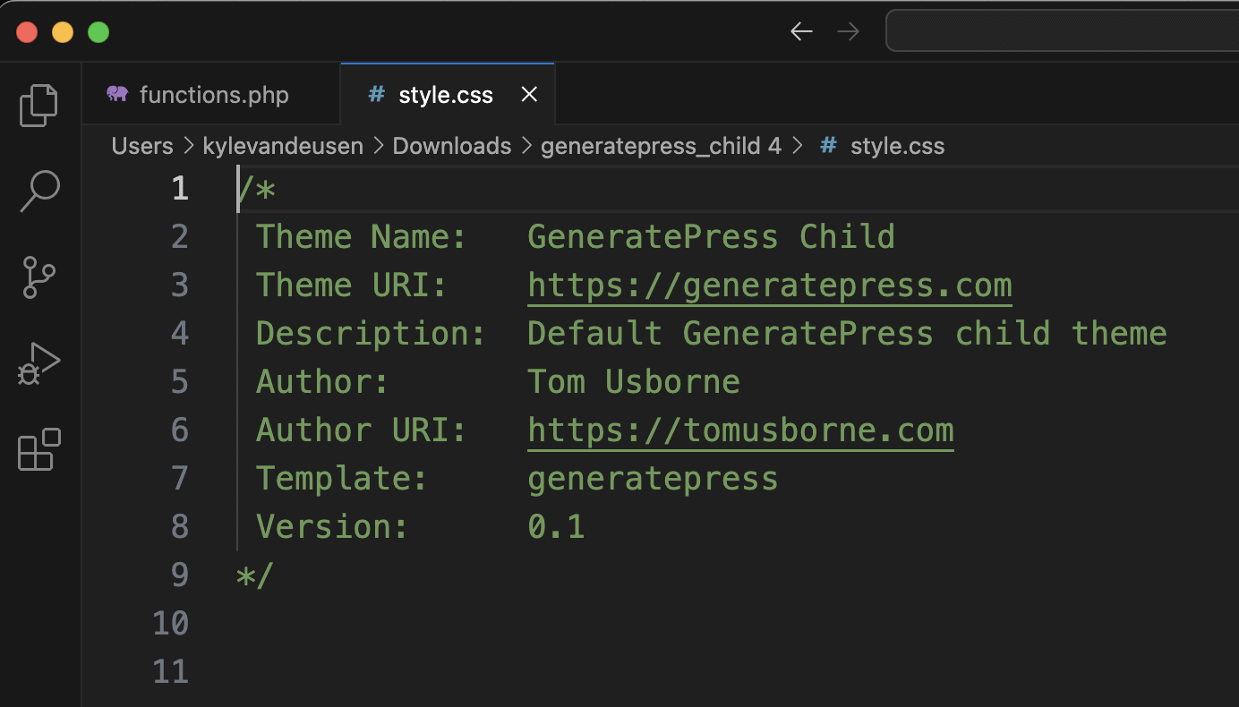 A screenshot of the GeneratePress child theme style.css file