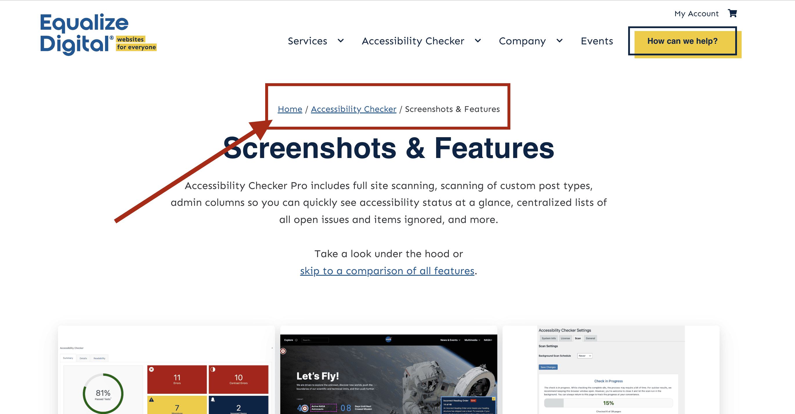 Breadcrumbs on the Equalize Digital website showing Home, Accessibility Checker, and the current page “Screenshots & Feature
