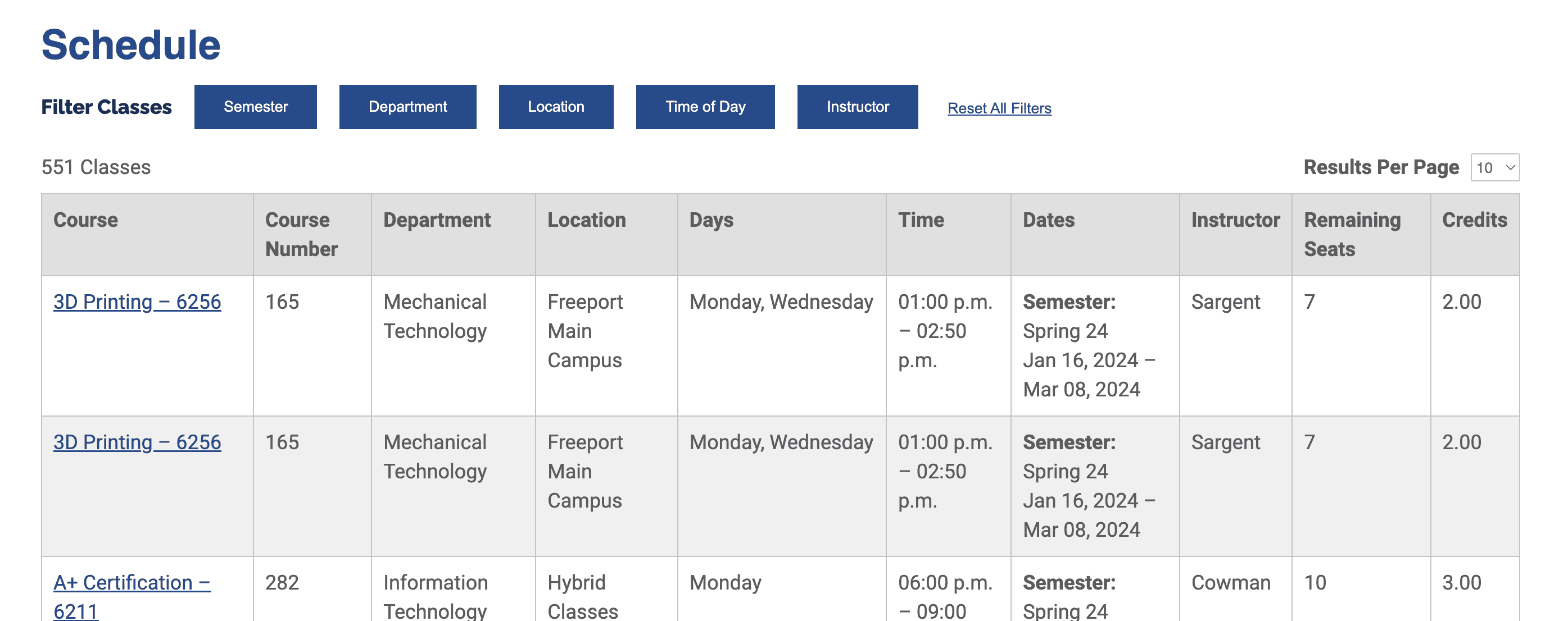 Screenshot of a Schedule on a website with buttons for filtering classes by semester, department, location, time of day, and instructor, followed by the text 551 Classes, and option to choose the results per page, and a table with 10 columns.