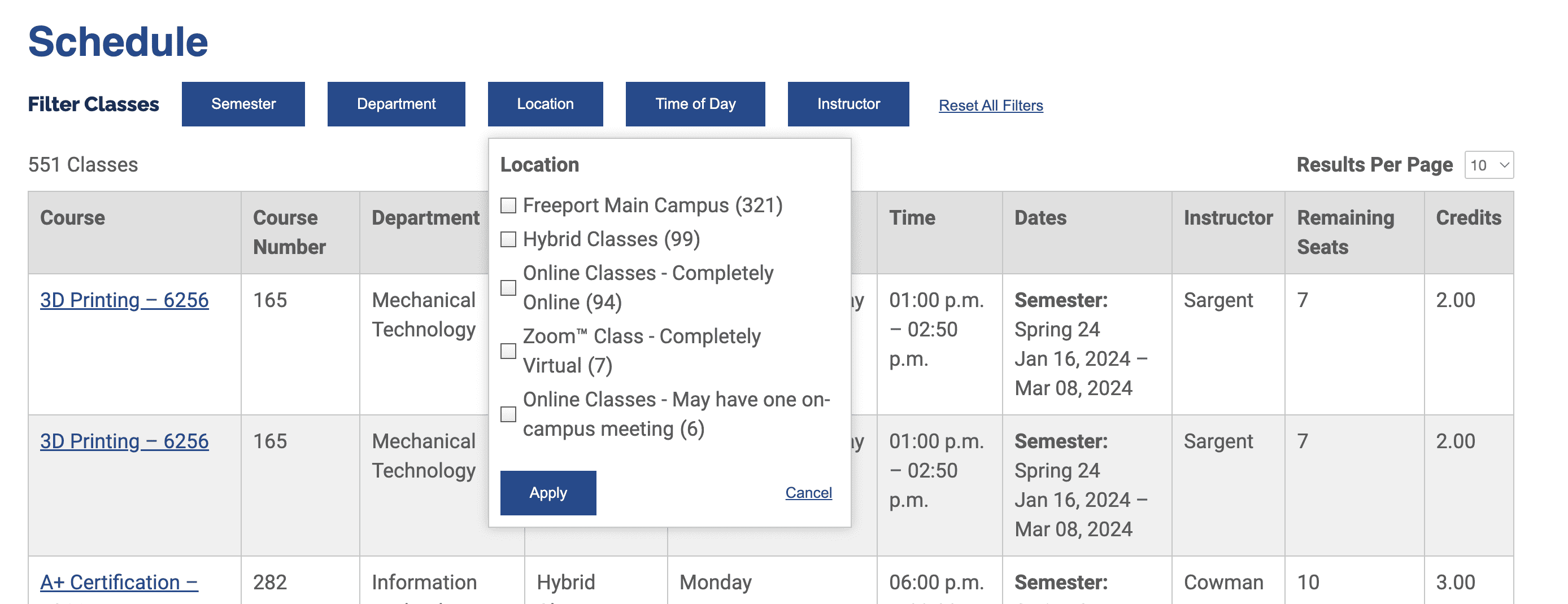 Expanded Location Filter on the college schedule page showing a dropdown open below the location button with checkboxes in it for various class locations (on campus, hybrid, online), an Apply button and cancel button styled like a link.