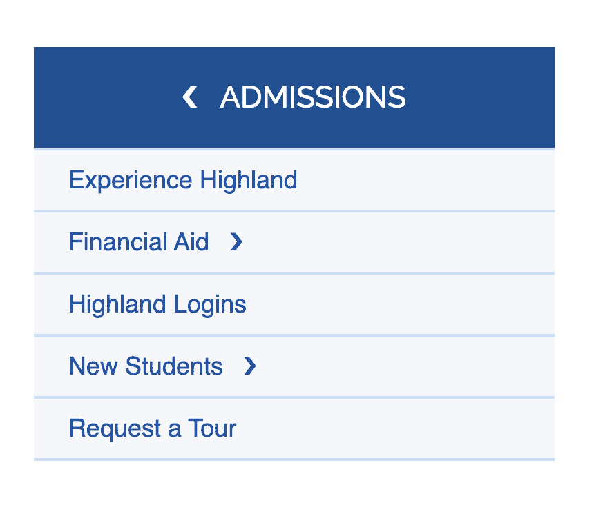 A stacked sidebar menu from a college website. There’s a top-level page for Admissions, then five second-level pages below. Two of the second-level pages have icons indicating there is more collapsed below them.