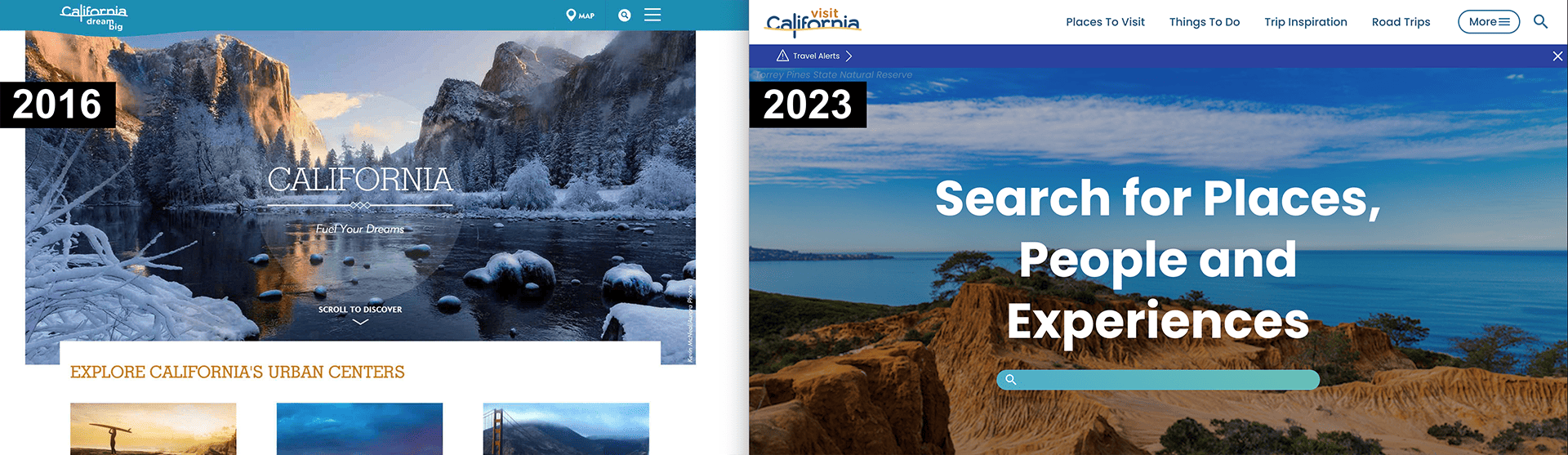 Two screenshots of the Visit California website from 2016 and 2023 positioned next to each other.