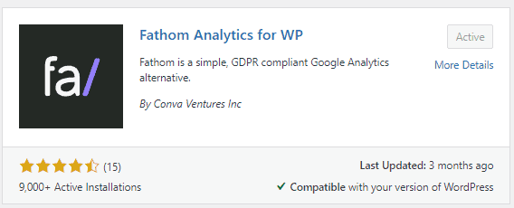 A screenshot of the Fathom Analytics listing in the WordPress plugin repository. 