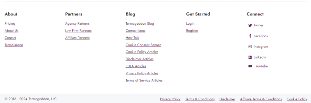 A screenshot of a footer with all of their privacy links across the bottom of the page.