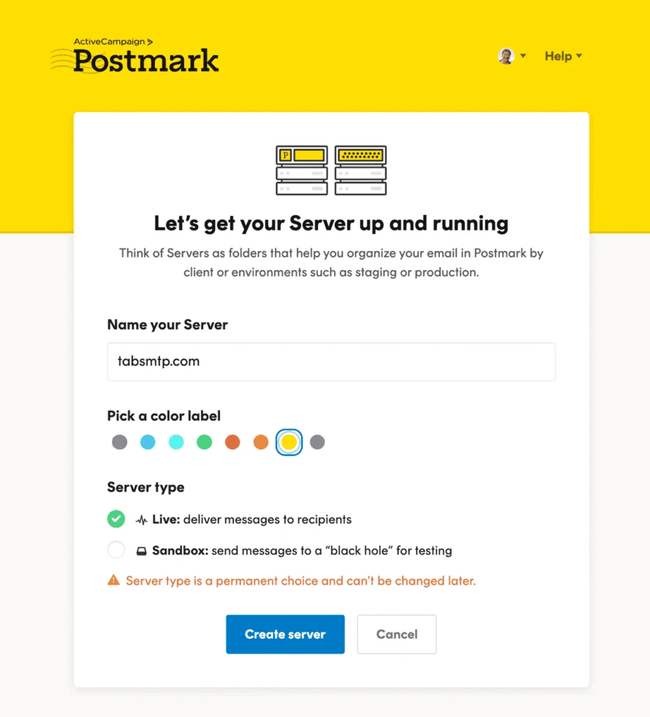 The Postmark create server screen. The server name, label color and server type is chosen. We've chosen Live server type