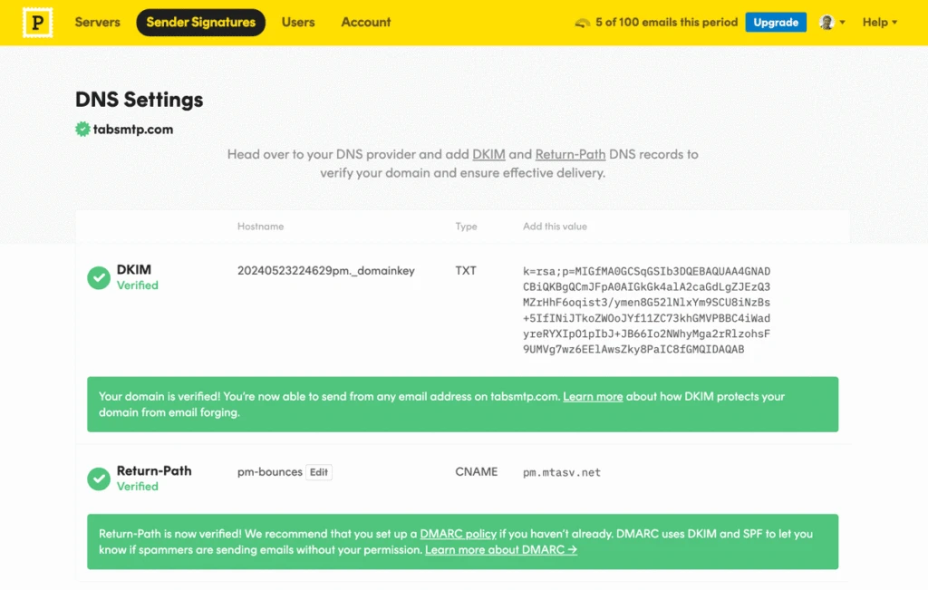 The Postmark DNS Settings page showing that both DNS records have been successfully set up and verified.