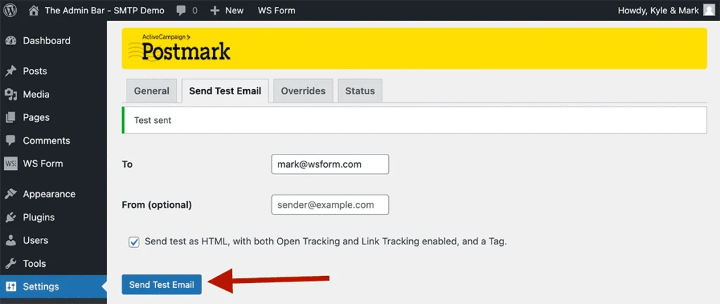 Sending a test email from WordPress using the Postmark plugin.