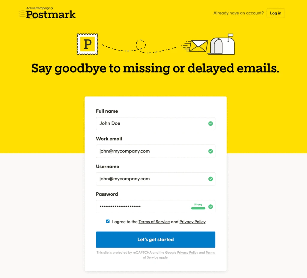 The sign up page on the Postmark website.