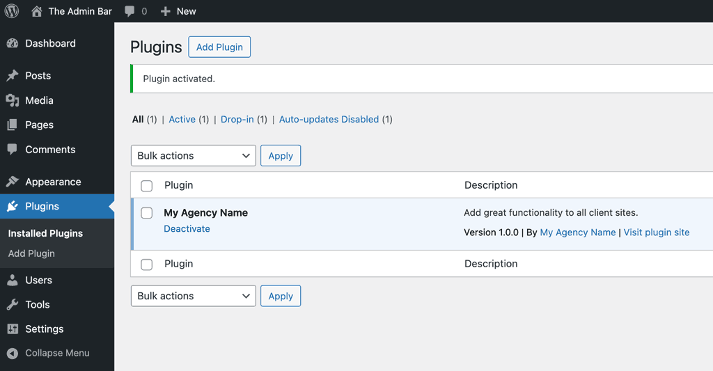 Wordpress admin plugins plugin activated