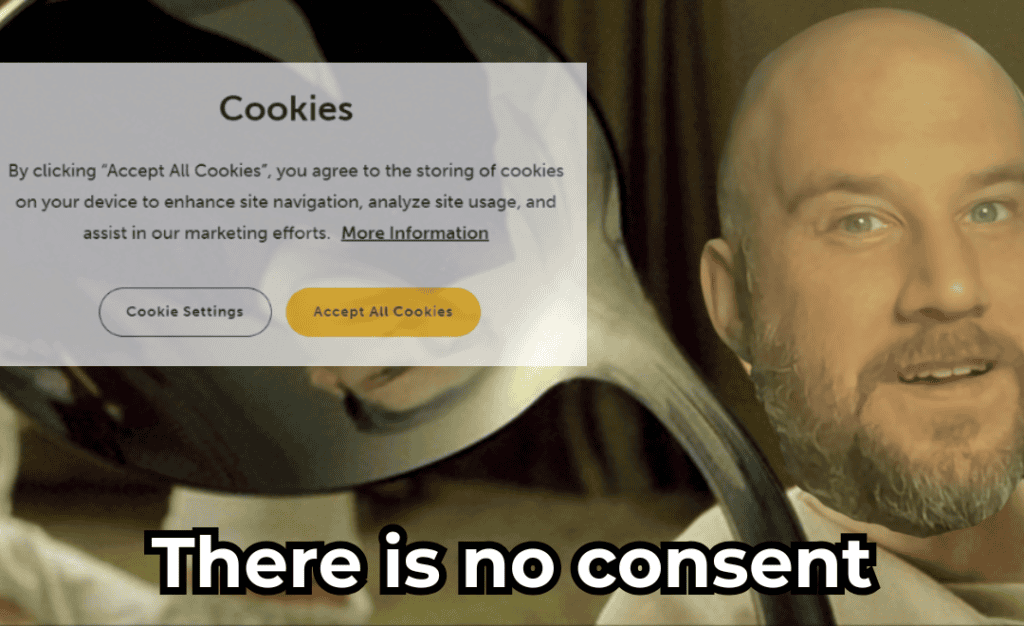 A cookie consent popup with options to accept all cookies and adjust settings.