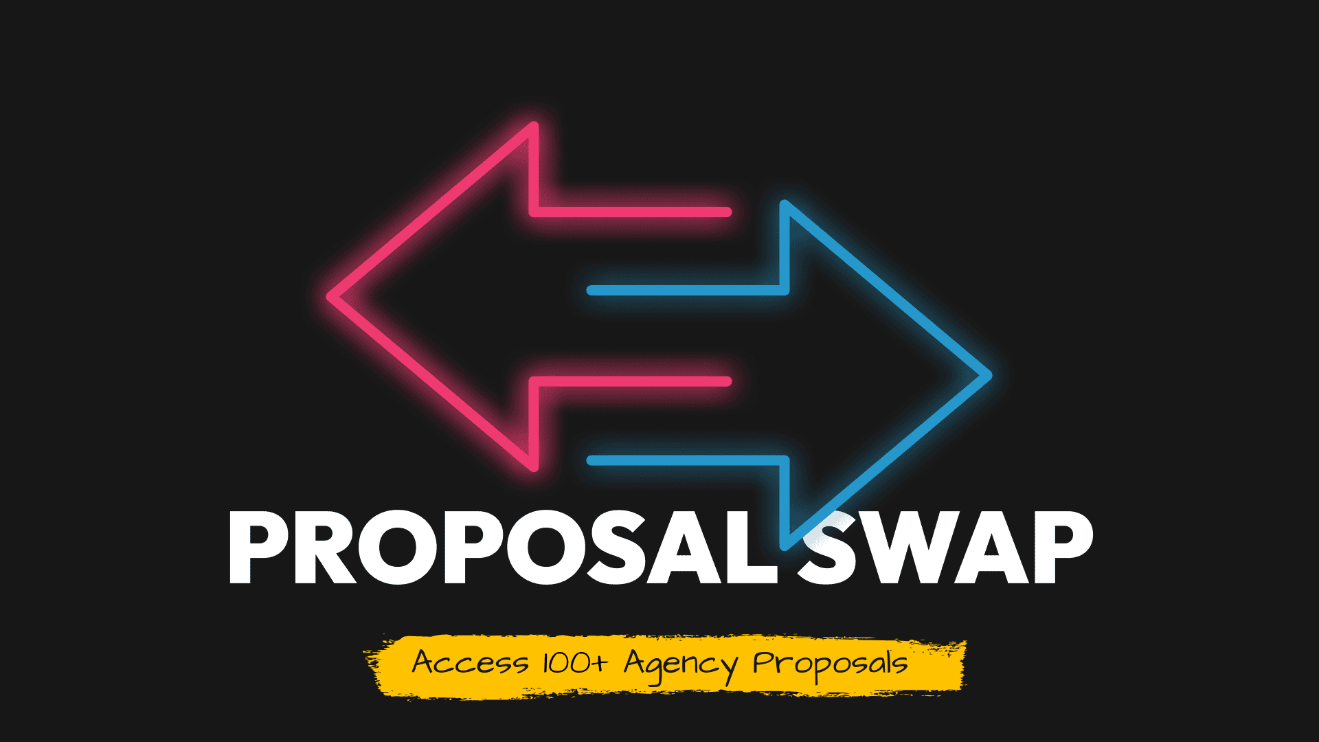 Neon sign with pink and blue arrows and "Proposal Swap" text, promoting agency proposals.