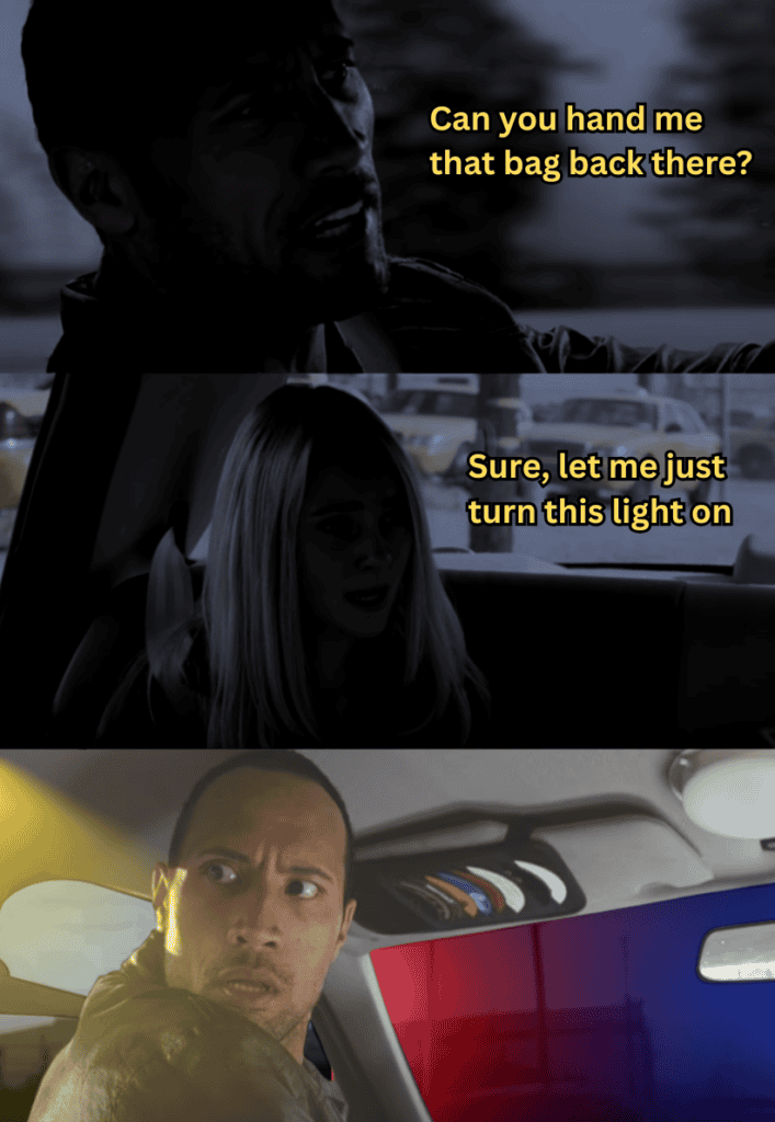 Conversation between a man and woman in a car, with a man asking for a bag and woman turning on the.