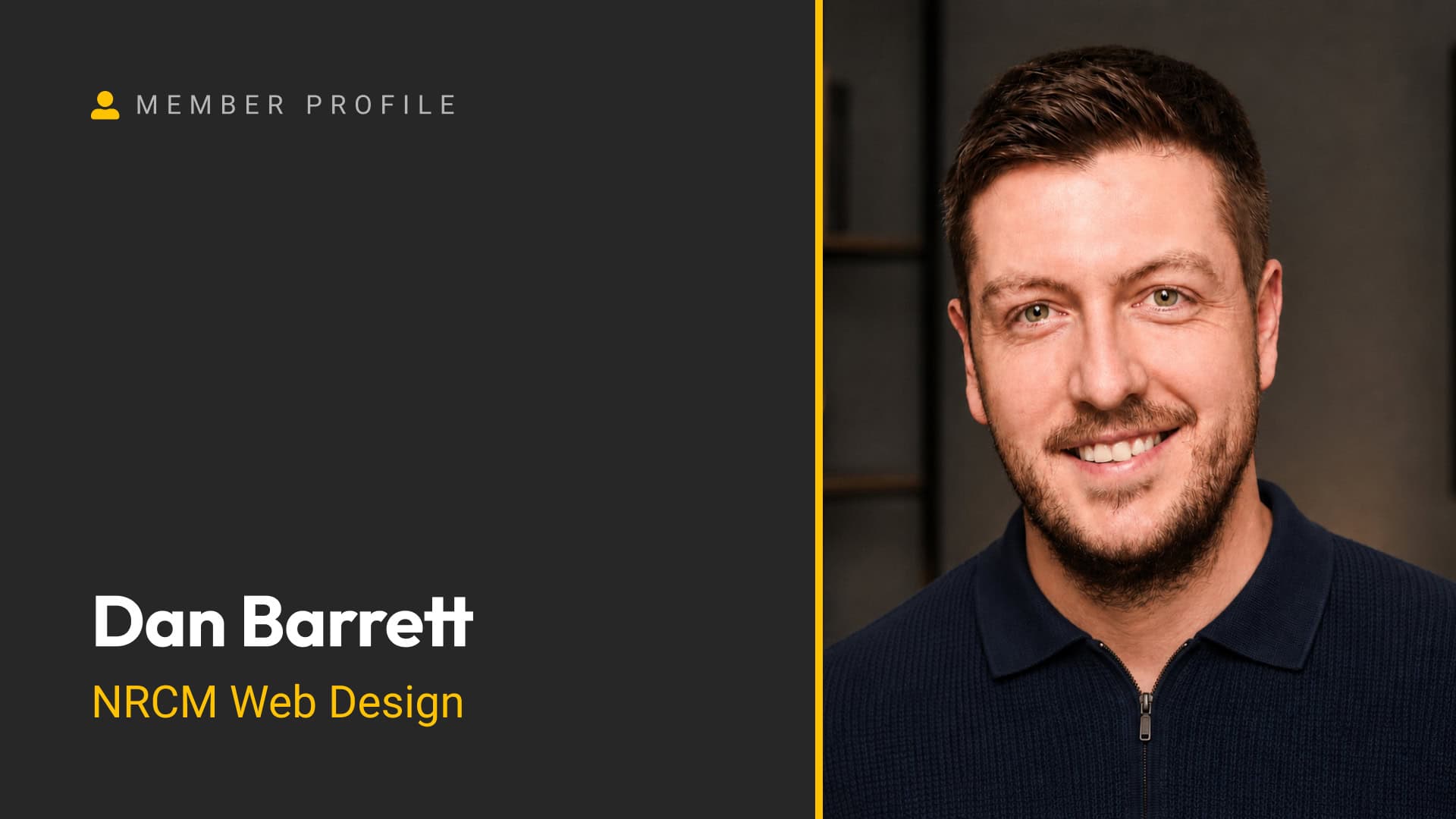 A professional headshot of Dan Barrett, a web designer, smiling in a dark blue shirt.