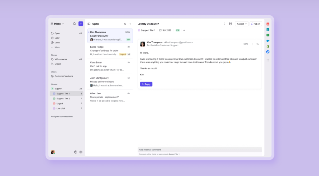 An accessible view of the admin dashboard with email threads and navigation menu.