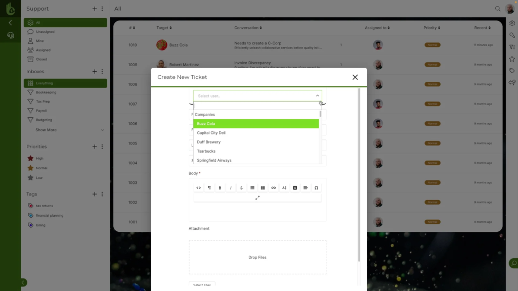 Create New Ticket interface on the Admin Bar webpage.