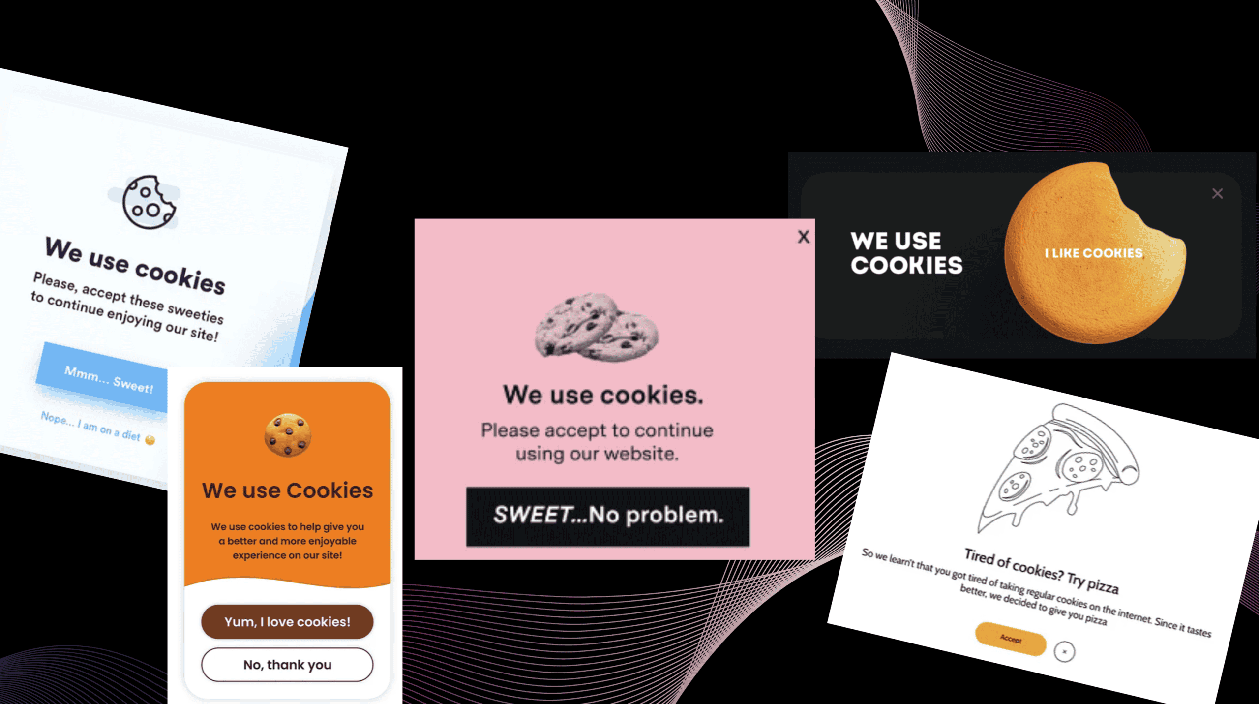 Multiple cookie consent pop-ups from The Admin Bar website with different designs and messages.