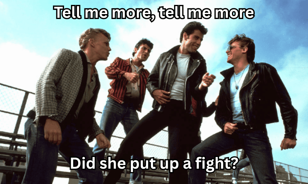 Group of four people outdoors, engaged in conversation, with a blue sky background.