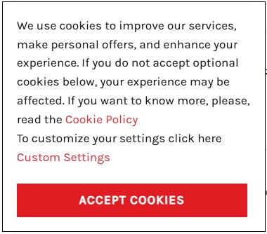 Cookie consent banner with accept button and links to cookie policy and settings.