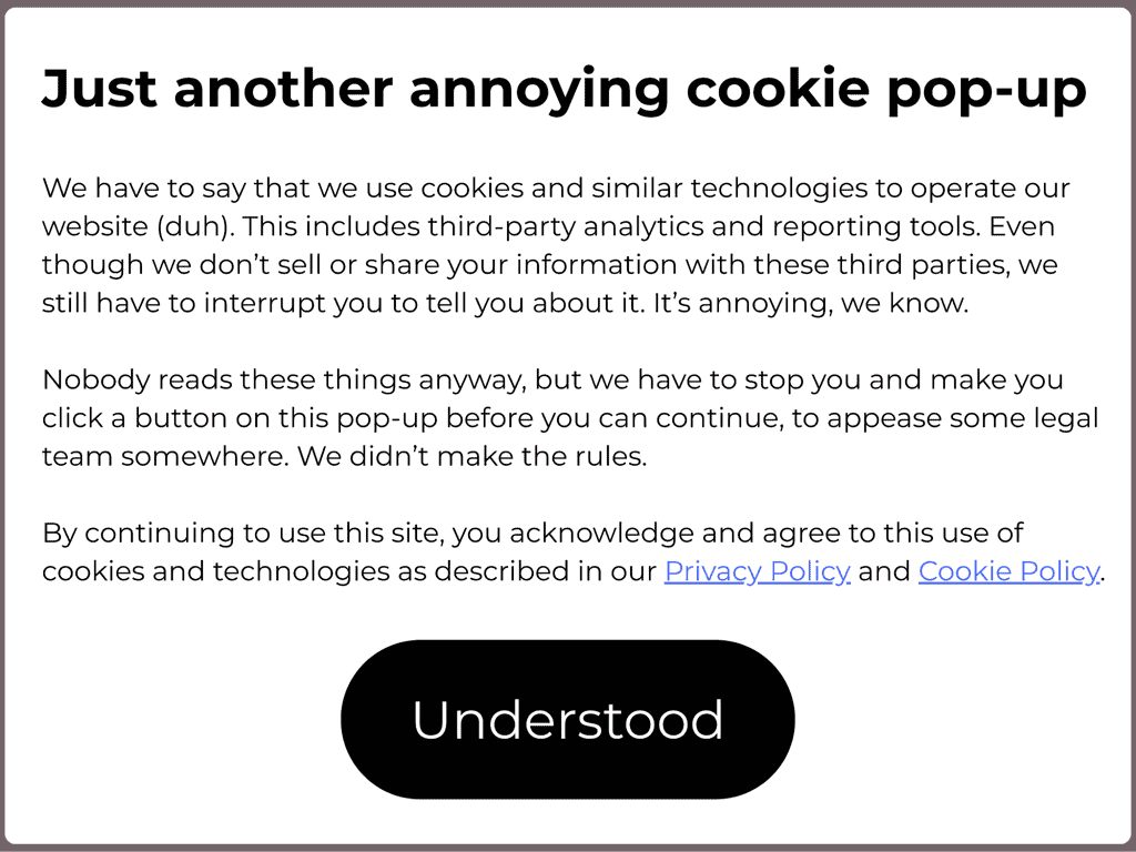 Cookie consent pop-up explaining use of cookies and third-party analytics.