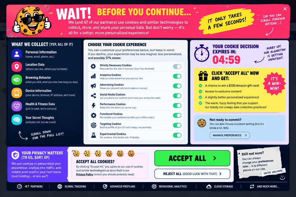 Cookie consent settings and countdown timer on The Admin Bar website.