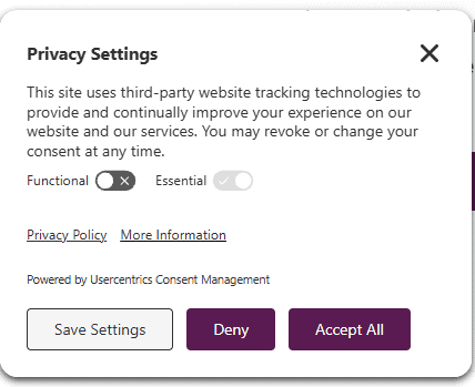 Privacy settings popup with options to deny or accept cookies.
