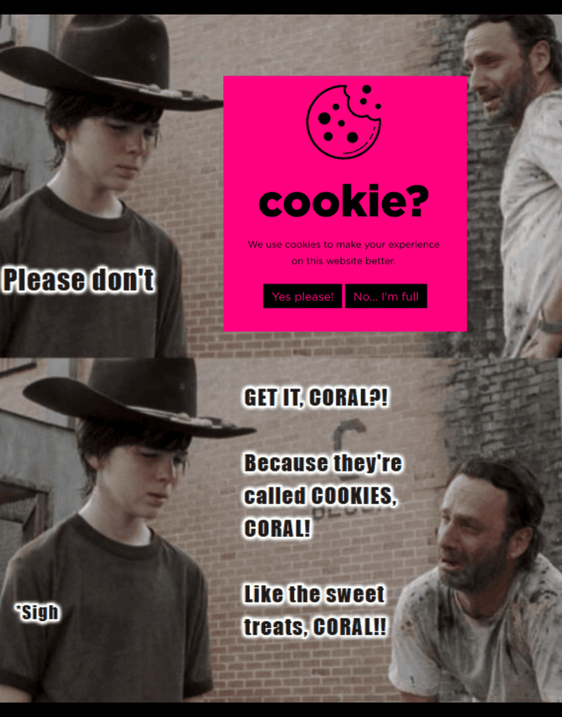 Meme showing a boy and man discussing cookie banners with a pink cookie pop-up.