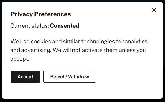 Cookie consent popup with accept and reject options for privacy preferences.