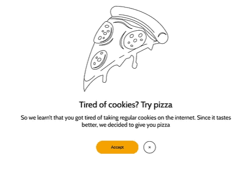 Cookie banner offering pizza as an alternative to cookies for better taste.