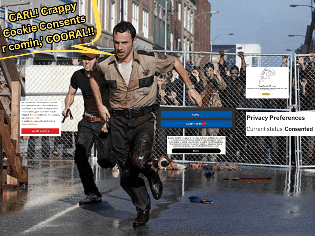 A man running through a flooded street with a group behind a fence, shouting about cookies.