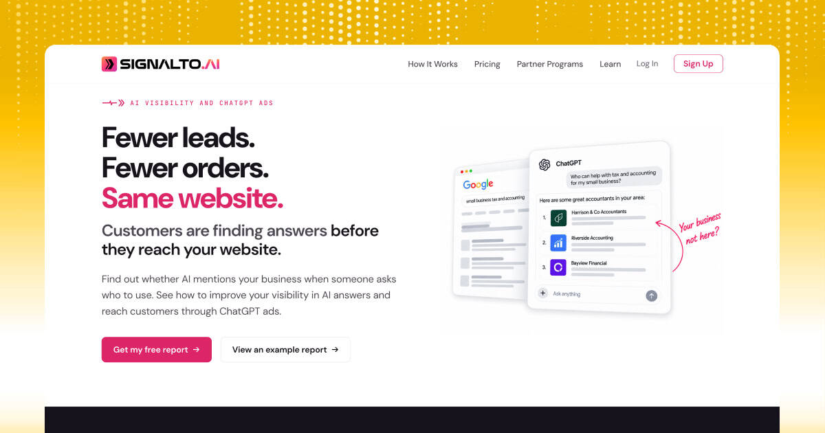 Screenshot of SignalTo homepage showing features and sign-up button.