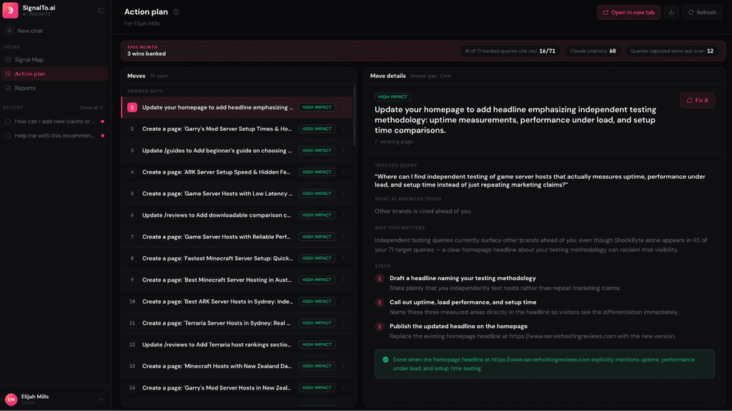 Screenshot of The Admin Bar website showing action plan and website management tools.